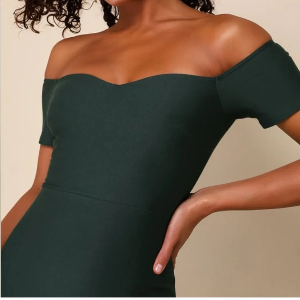 A2 - 120 Lulus How Much I Care Dark Green Off-the-Shoulder Midi Dress SZ MED NWT - Picture 2 of 12